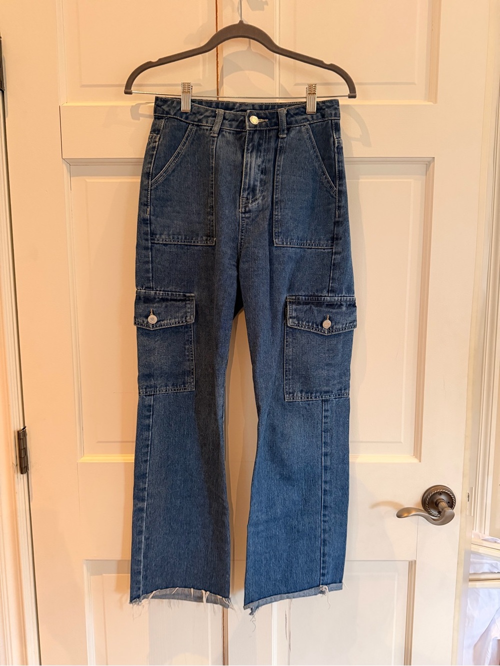 Women's Dark Blue Cargo Jeans - Casual Utility Style